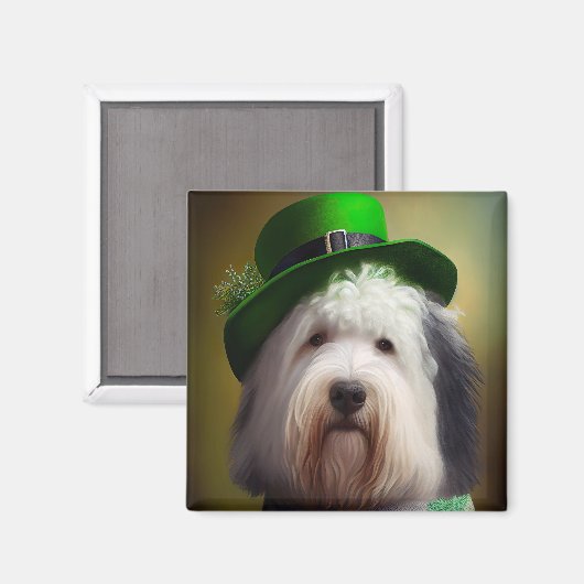 Old English Sheepdog in St. Patrick's Day Dress Magnet (Vorderseite/Rückseite)