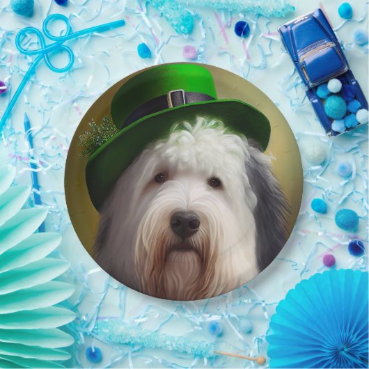 Old English Sheepdog in St. Patrick's Day Dress Pappteller (Party)