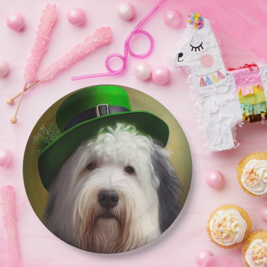 Old English Sheepdog in St. Patrick's Day Dress Pappteller (Party)