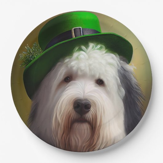 Old English Sheepdog in St. Patrick's Day Dress Pappteller (Vorderseite)