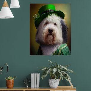 Old English Sheepdog in St. Patrick's Day Dress Poster
