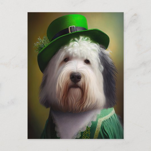 Old English Sheepdog in St. Patrick's Day Dress Postkarte (Vorderseite)