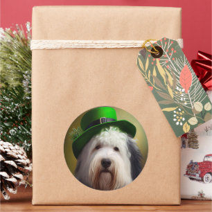 Old English Sheepdog in St. Patrick's Day Dress Runder Aufkleber