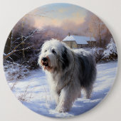 Old English Sheepdog lässt es schlafen Weihnachten Button (Vorderseite)
