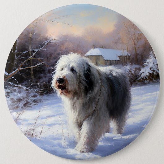 Old English Sheepdog lässt es schlafen Weihnachten Button (Vorderseite)