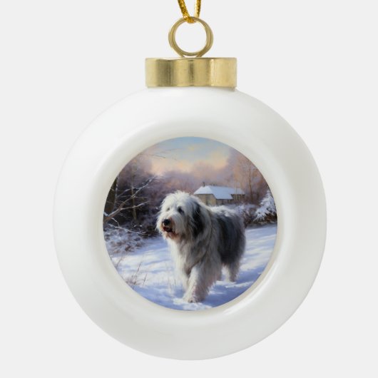 Old English Sheepdog lässt es schlafen Weihnachten Keramik Kugel-Ornament (Vorderseite)