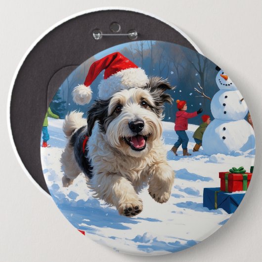 Old English Sheepdog läuft in Snow Weihnachtshut Button (Vorne & Hinten)