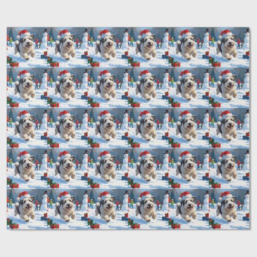 Old English Sheepdog läuft in Snow Weihnachtshut Geschenkpapier (Flach)