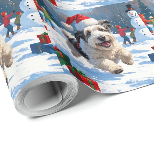 Old English Sheepdog läuft in Snow Weihnachtshut Geschenkpapier (Rolleneckpunkt)