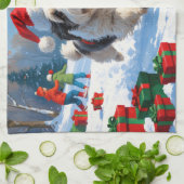 Old English Sheepdog läuft in Snow Weihnachtshut Geschirrtuch (Gefaltet)