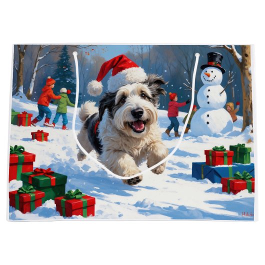 Old English Sheepdog läuft in Snow Weihnachtshut Große Geschenktüte (Vorderseite)