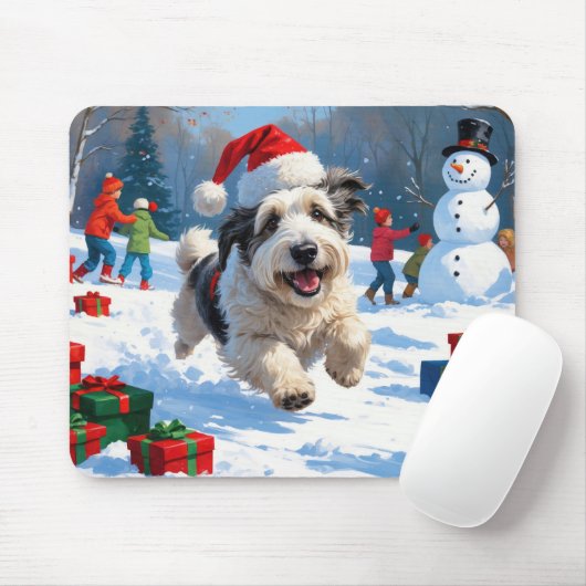 Old English Sheepdog läuft in Snow Weihnachtshut Mousepad (Mit Mouse)