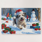 Old English Sheepdog läuft in Snow Weihnachtshut Puzzle (Horizontal)