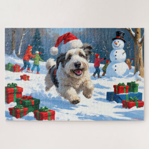 Old English Sheepdog läuft in Snow Weihnachtshut Puzzle