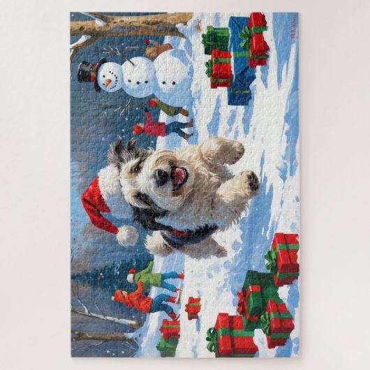 Old English Sheepdog läuft in Snow Weihnachtshut Puzzle (Vertikal)