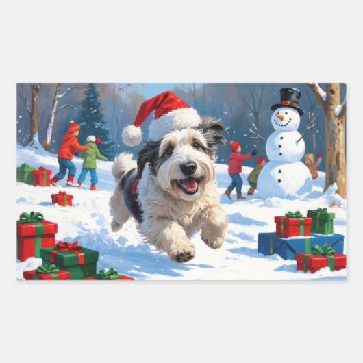 Old English Sheepdog läuft in Snow Weihnachtshut Rechteckiger Aufkleber (Vorderseite)