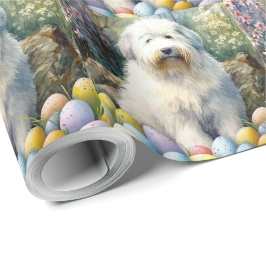 Old English Sheepdog mit Ostereiern Urlaub Geschenkpapier (Rolleneckpunkt)