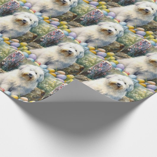 Old English Sheepdog mit Ostereiern Urlaub Geschenkpapier (Ecke)