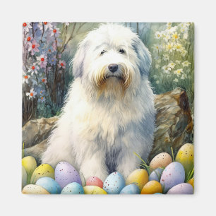 Old English Sheepdog mit Ostereiern Urlaub Magnet