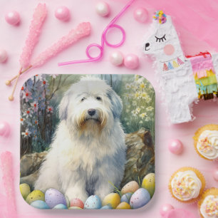 Old English Sheepdog mit Ostereiern Urlaub Pappteller