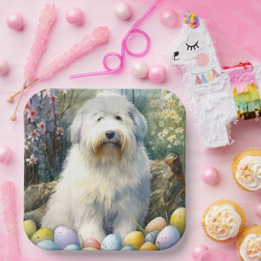 Old English Sheepdog mit Ostereiern Urlaub Pappteller (Party)
