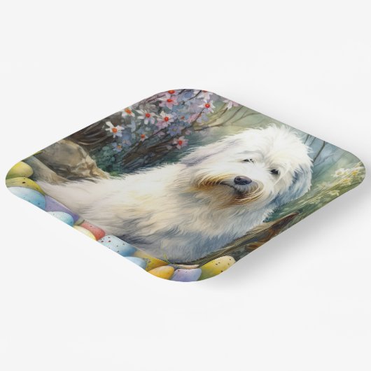 Old English Sheepdog mit Ostereiern Urlaub Pappteller (Gewinkelt)