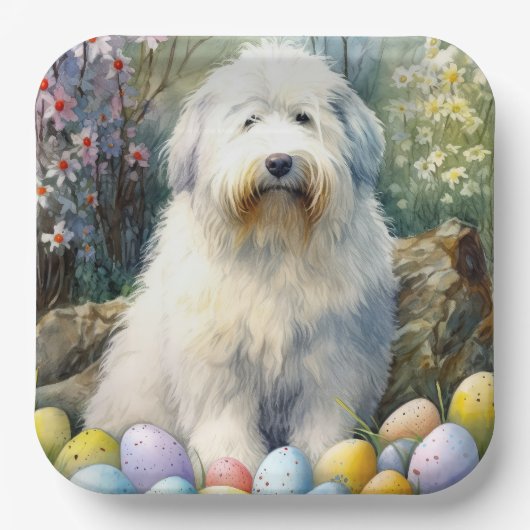 Old English Sheepdog mit Ostereiern Urlaub Pappteller (Vorderseite)