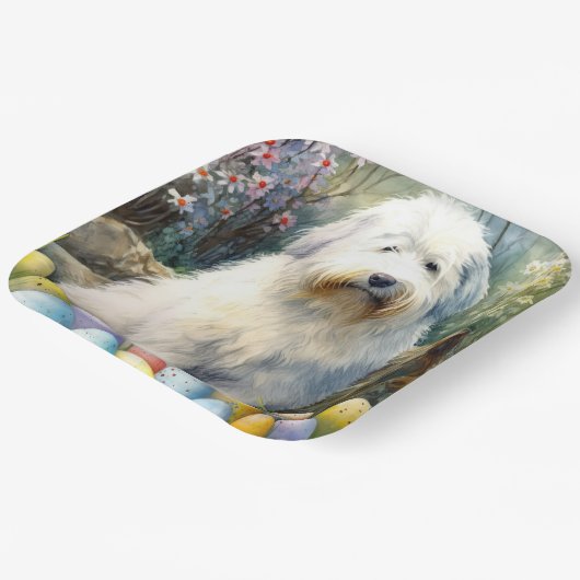 Old English Sheepdog mit Ostereiern Urlaub Pappteller (Gewinkelt)