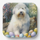 Old English Sheepdog mit Ostereiern Urlaub Pappteller (Vorderseite)