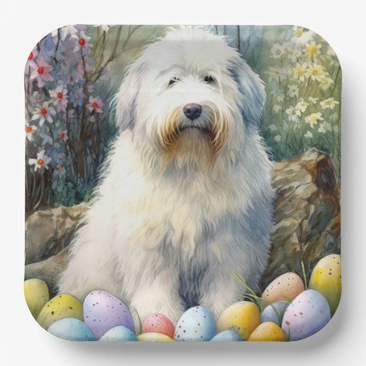 Old English Sheepdog mit Ostereiern Urlaub Pappteller (Vorderseite)