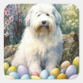 Old English Sheepdog mit Ostereiern Urlaub Quadratischer Aufkleber (Vorderseite)