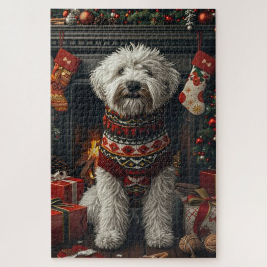Old English Sheepdog mit Weihnachtsgeschenk Kamin Puzzle (Vertikal)