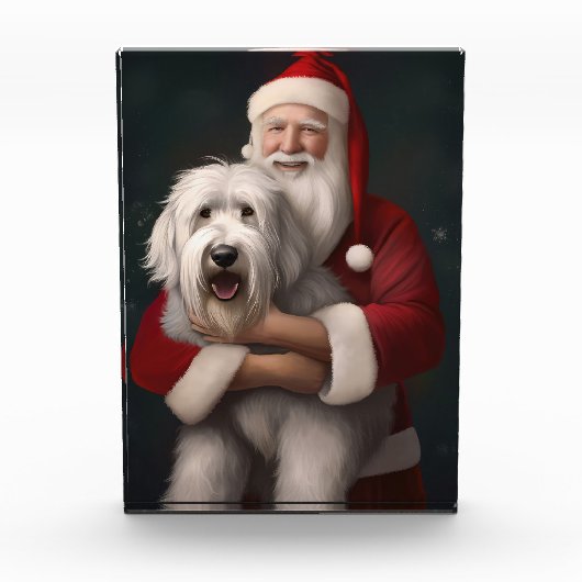 Old English Sheepdog mit Weihnachtsmann feierlich Fotoblock (Vorderseite)