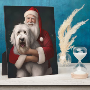 Old English Sheepdog mit Weihnachtsmann feierlich Fotoplatte