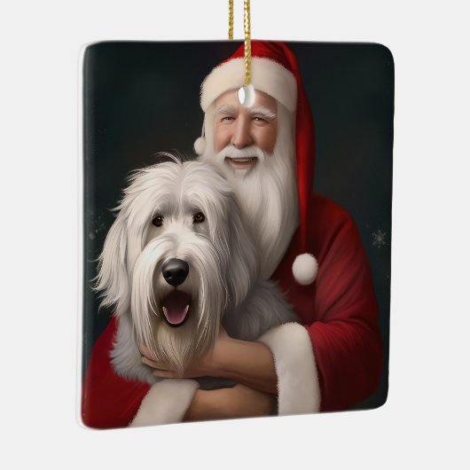 Old English Sheepdog mit Weihnachtsmann feierlich Keramikornament (Rechts)