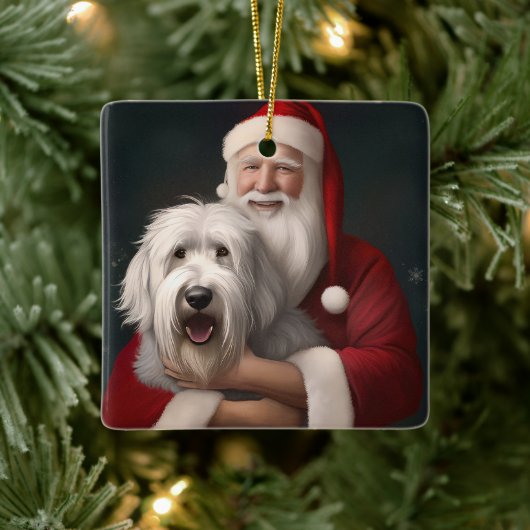 Old English Sheepdog mit Weihnachtsmann feierlich Keramikornament (Baum)