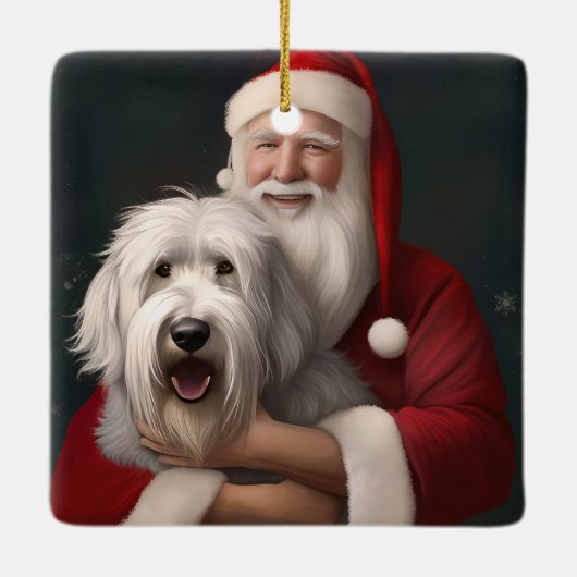 Old English Sheepdog mit Weihnachtsmann feierlich Keramikornament (Rückseite)