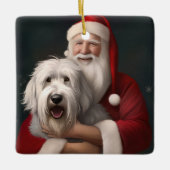 Old English Sheepdog mit Weihnachtsmann feierlich Keramikornament (Vorderseite)