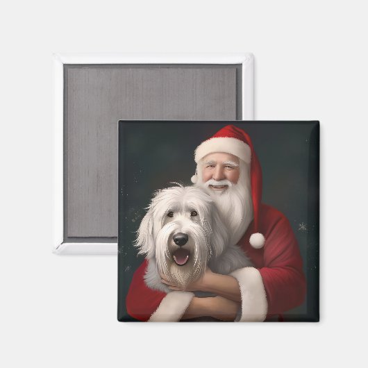 Old English Sheepdog mit Weihnachtsmann feierlich Magnet (Vorderseite/Rückseite)