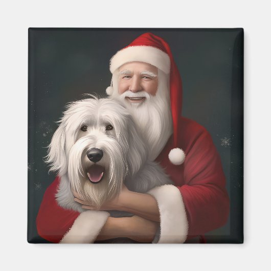 Old English Sheepdog mit Weihnachtsmann feierlich Magnet (Vorne)