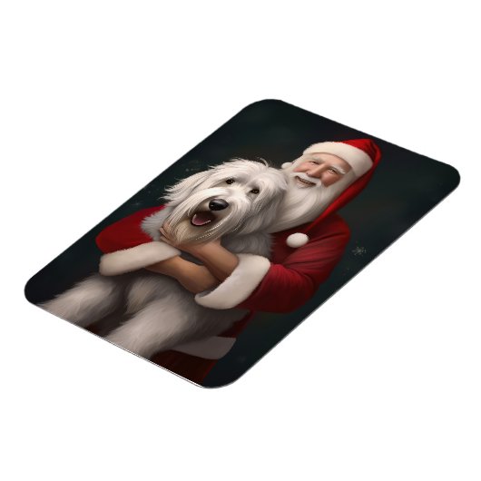 Old English Sheepdog mit Weihnachtsmann feierlich Magnet (Linke Seite)