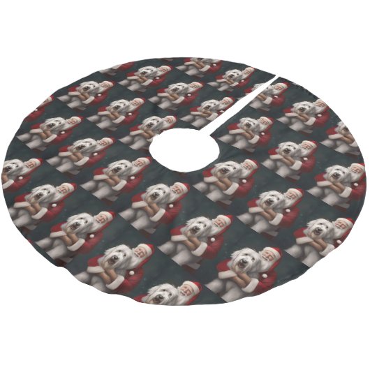 Old English Sheepdog mit Weihnachtsmann feierlich Polyester Weihnachtsbaumdecke (Schrägansicht)