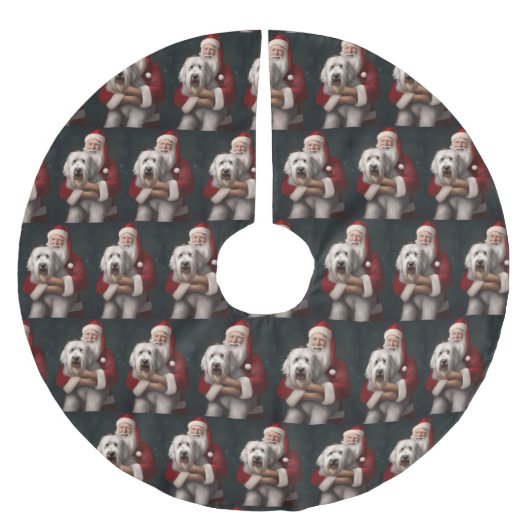 Old English Sheepdog mit Weihnachtsmann feierlich Polyester Weihnachtsbaumdecke (Vorderseite)