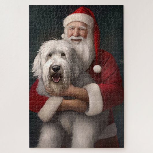 Old English Sheepdog mit Weihnachtsmann feierlich Puzzle (Vertikal)