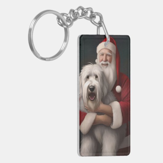 Old English Sheepdog mit Weihnachtsmann feierlich Schlüsselanhänger (Vorderseite links)