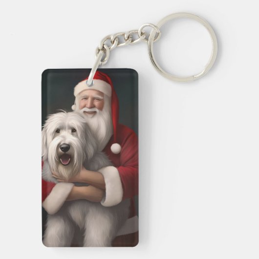 Old English Sheepdog mit Weihnachtsmann feierlich Schlüsselanhänger (Rückseite)