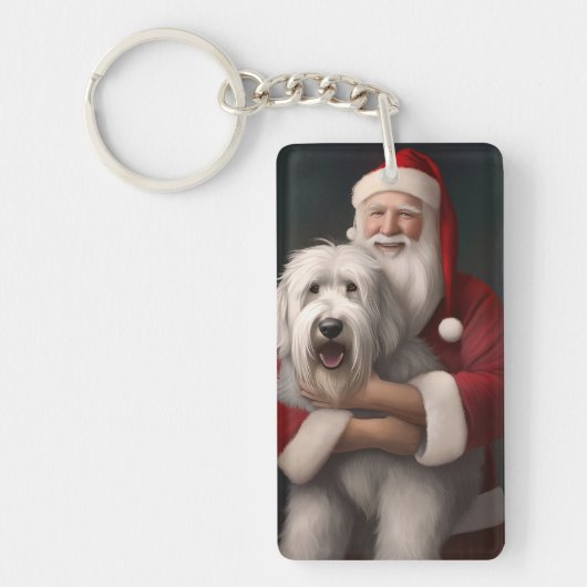 Old English Sheepdog mit Weihnachtsmann feierlich Schlüsselanhänger (Vorderseite)