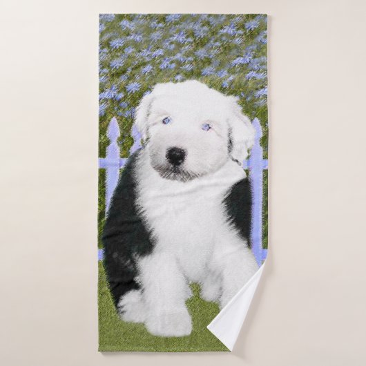 Old English Sheepdog Puppy Painting - Dog Art Badhandtuch Set (Badehandtuch)