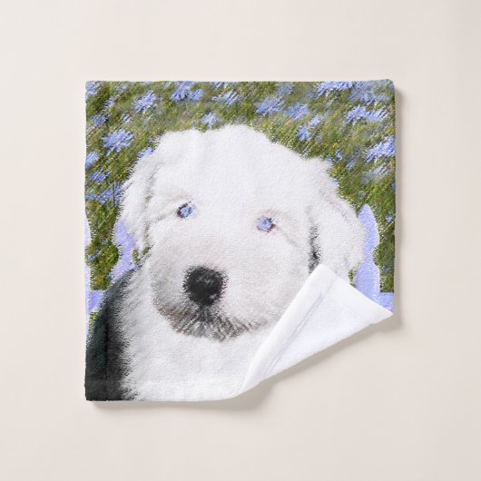 Old English Sheepdog Puppy Painting - Dog Art Badhandtuch Set (Waschlappen)