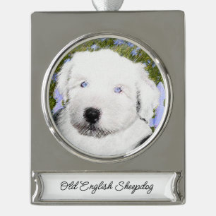 Old English Sheepdog Puppy Painting - Dog Art Silv Banner-Ornament Silber